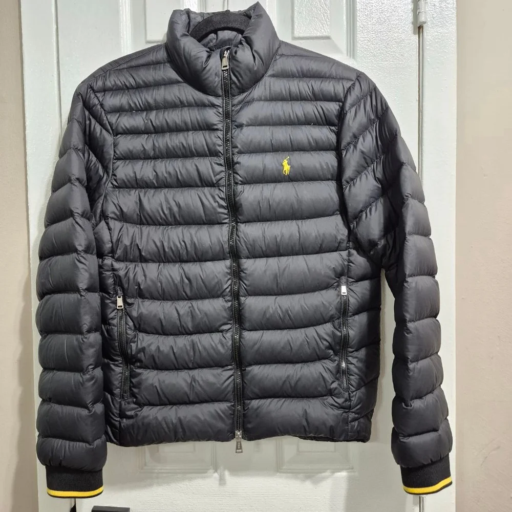 Men's Polo Ralph Lauren Black Puffer Jacket S with Yellow Accents sz sm